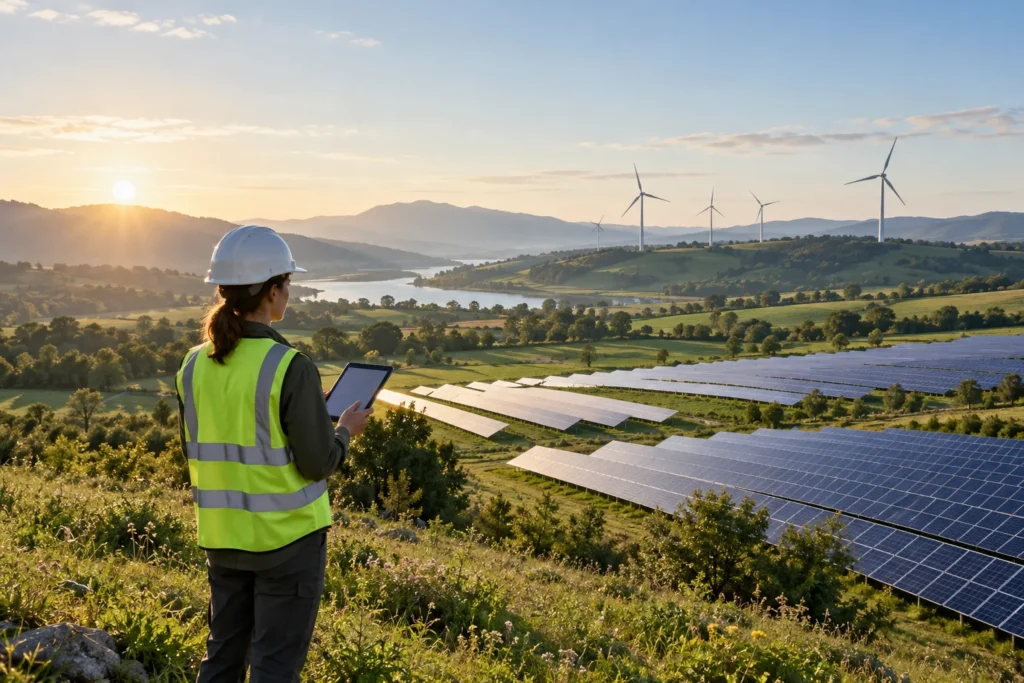 Illustrative renewable-record scene — AI-generated